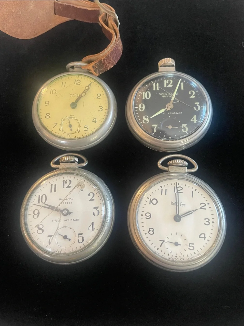 Set of 4 Vintage Pocket Watches, 3 Westclox Scotty & 1 Bullseye ALL RUN!